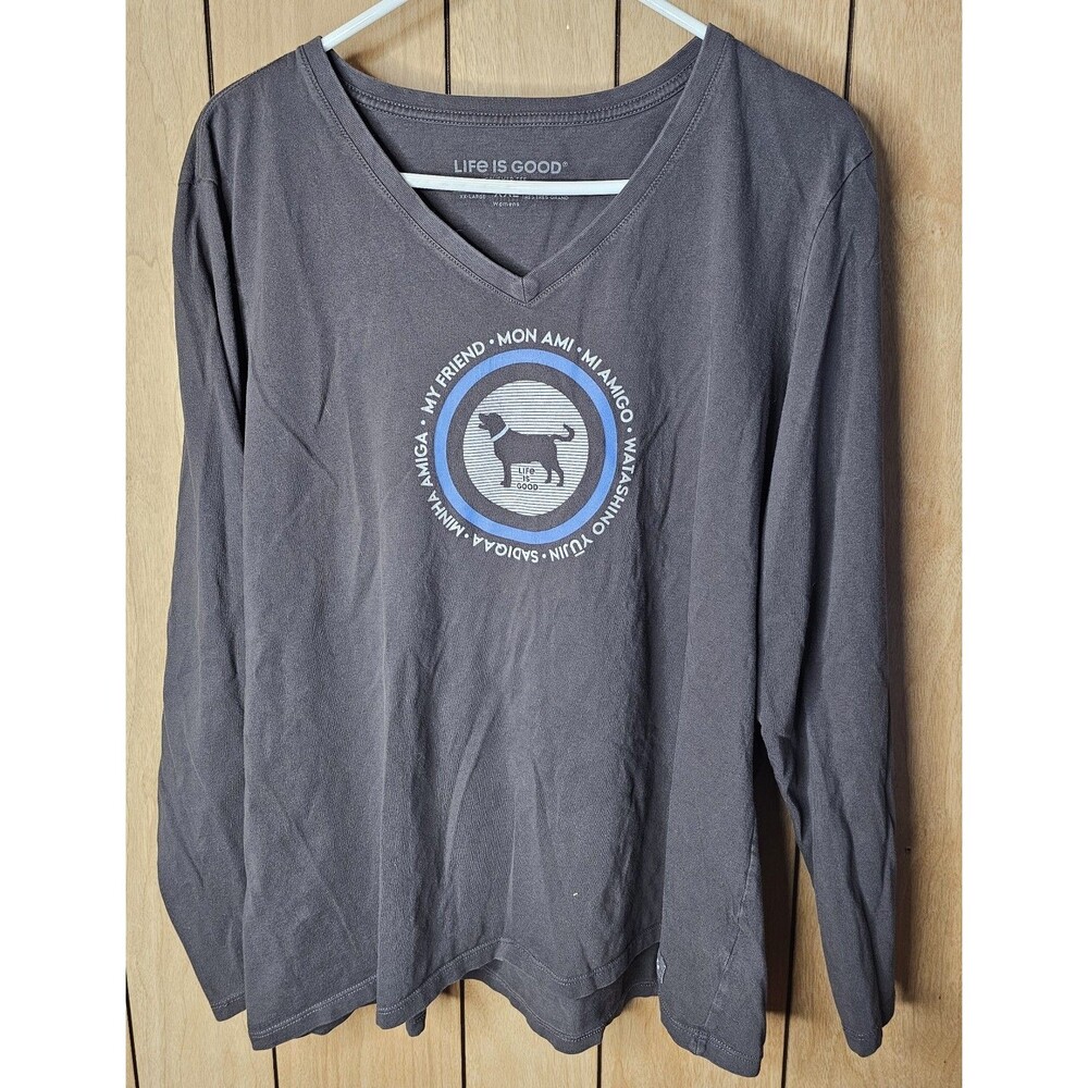 Life is Good Womens XXL Crusher Tee Dog My Friend Long Sleeve V Neck Gray Cotton